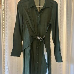 Zara Dark Green Long Sleeve Shirt Dress with Tie Waist